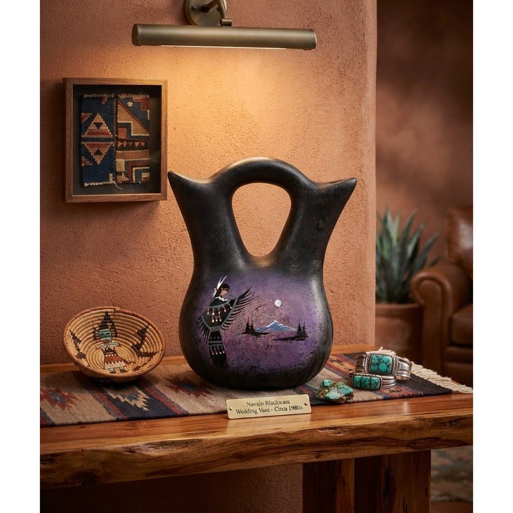 Navajo Black ware Wedding Vase Hand Painted Purple Night Scene Signed 5.5"